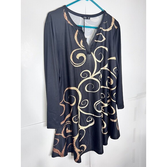 Lily By Firmiana Tunic Top Plus Size 1X Blouse Black Gold Swirl Flowy 3/4 Sleeve - Picture 2 of 8